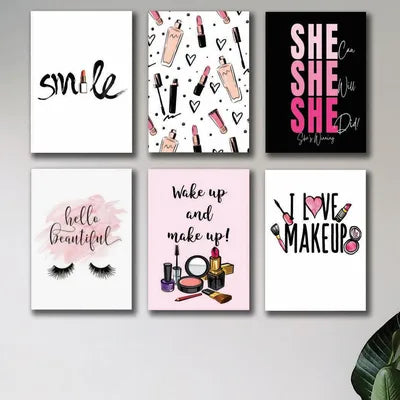 Girls Makeup Wall Art Set 6 Pcs 8x11 MDF Multicolor