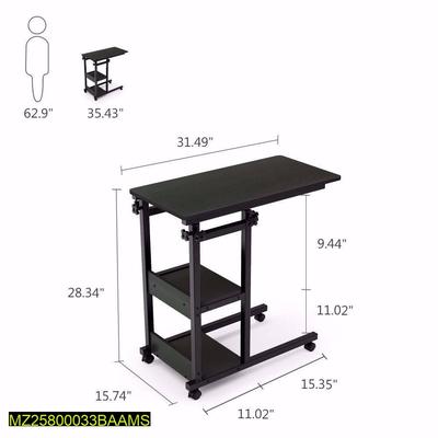 Adjustable Black Laptop Table with Wheels & Two Shelf